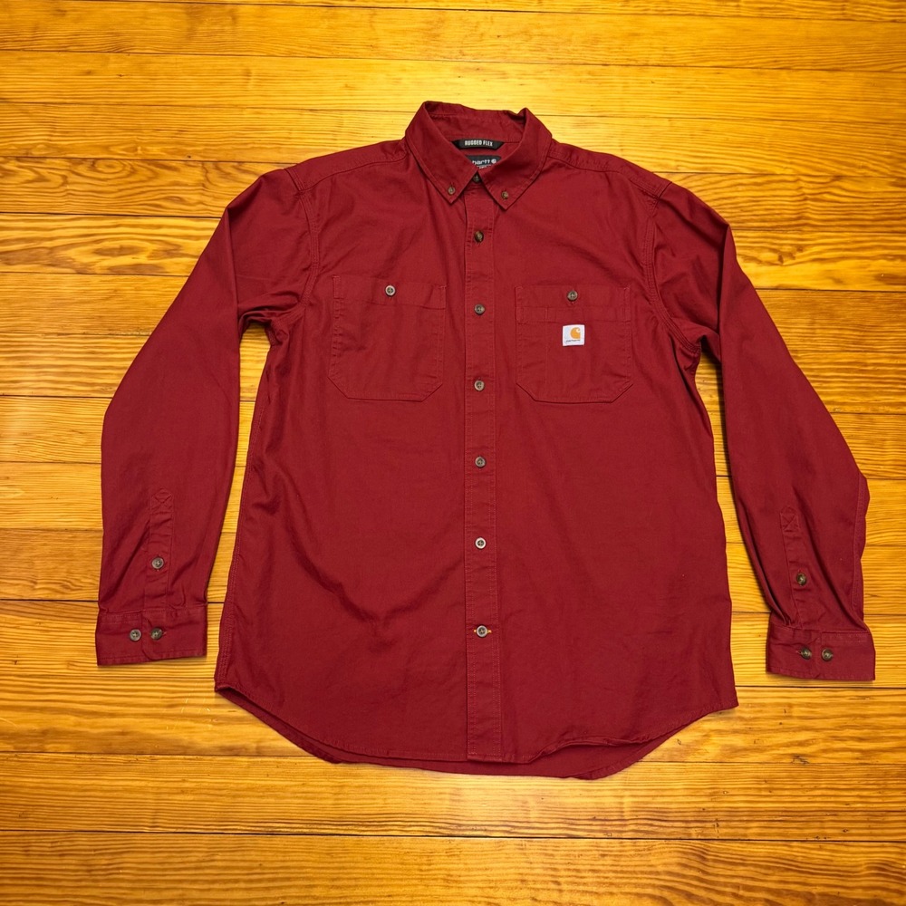 Carhartt Shirt Mens L Red Canvas Rugged Flex Relaxed Fit Button Down Outdoor
